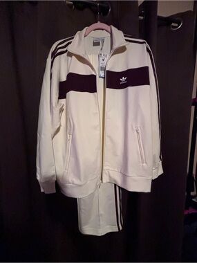 Adidas Cream and Burgundy Trefoil Track Jacket